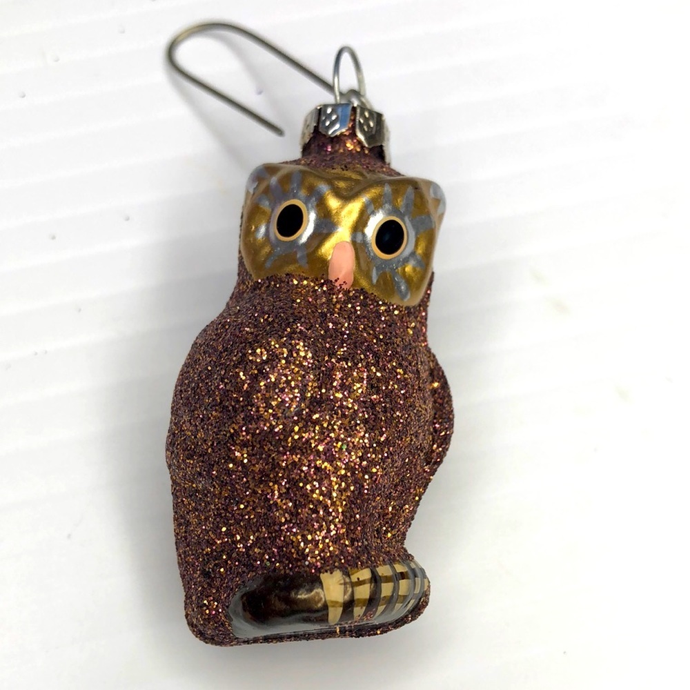 New Glittered Barn Owl Woodland Christmas Mini Ornament in fabric pouch